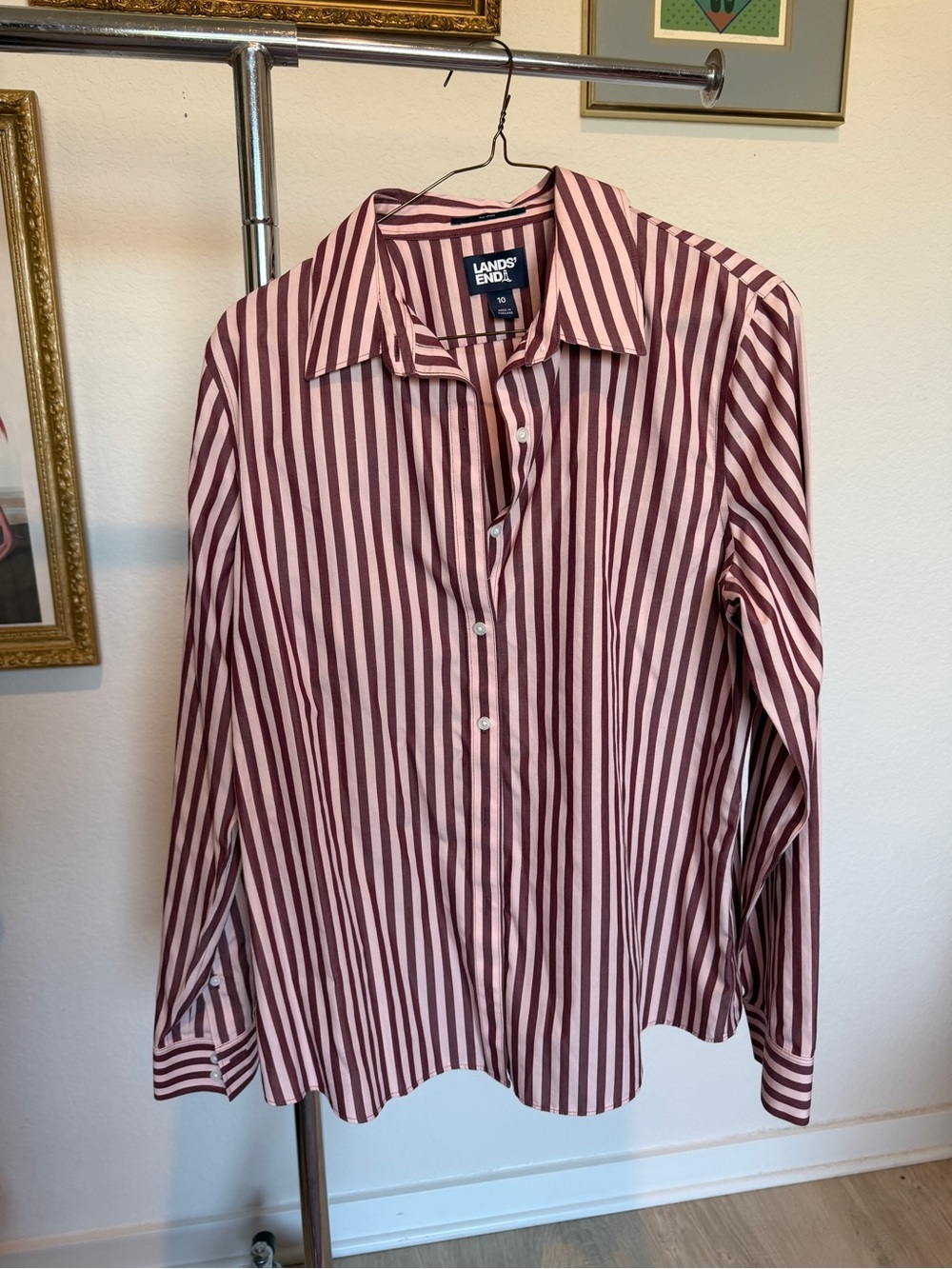 Lands’ End Pink and Marroon Striped Long Sleeve Button Up Blouse